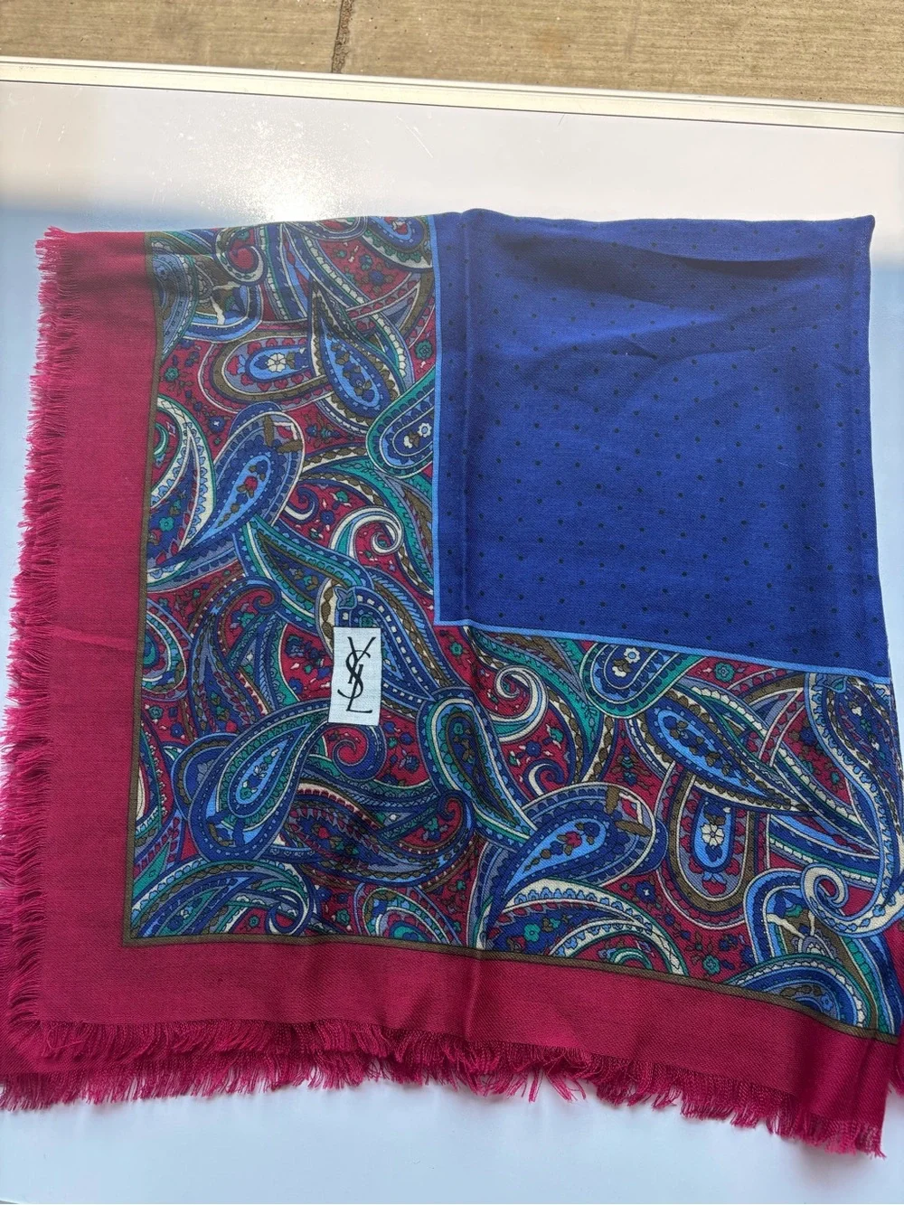Yves Saint Laurent Red Paisley Fringe Scarf 35”x35” unique vintage
